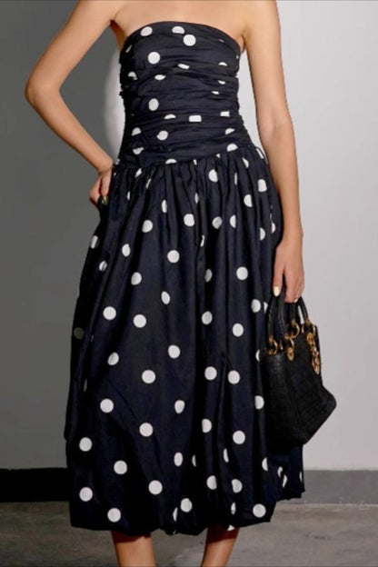 Strapless Ruched Bubble Hem Polka Dot Bodycon Midi Dress