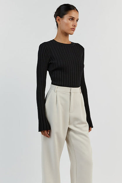 Ribbed Crew Neck Solid Slim Knit Base Layer