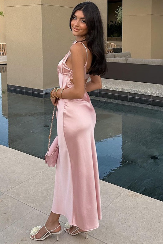 | Satin Strapless V Neck Maxi Dress