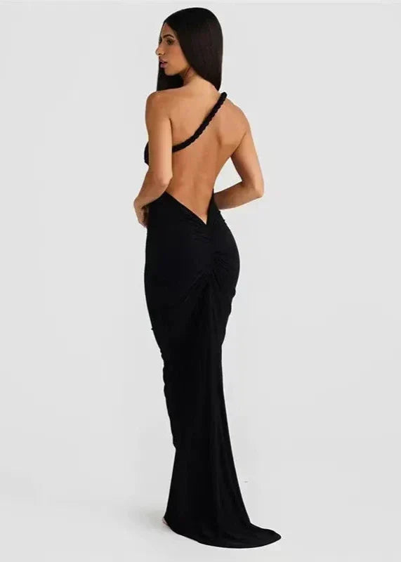 One Shoulder Asymmetric Drape Twisted Strap Bodycon Maxi Dress