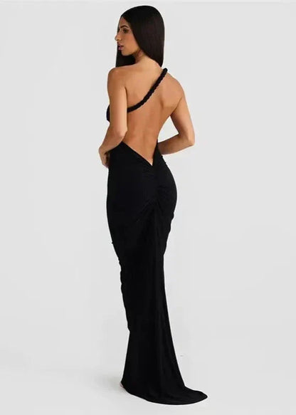 One Shoulder Asymmetric Drape Twisted Strap Bodycon Maxi Dress