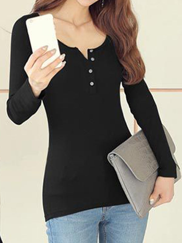 Solid Ribbed Breasted Long Sleeve Tee