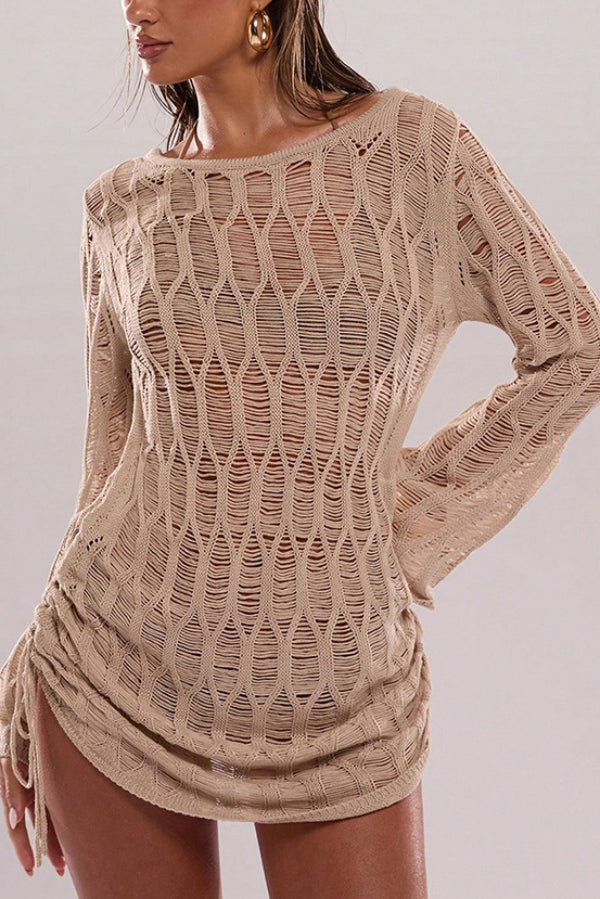 Fashionable Sheer Long-sleeved Backless Tie Slim-fit Mini Dress