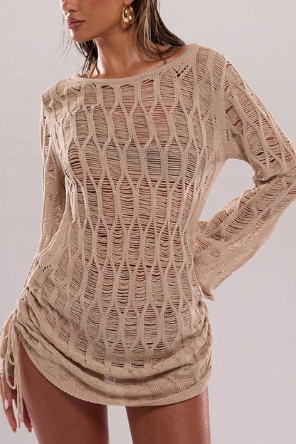 Fashionable Sheer Long-sleeved Backless Tie Slim-fit Mini Dress