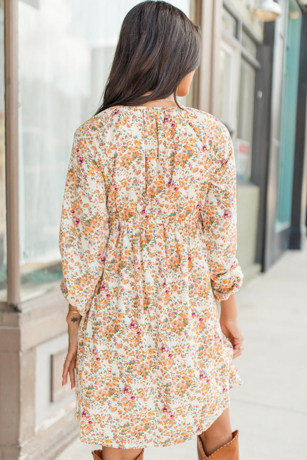 Ditsy Floral Print Surplice V-Neck Balloon Sleeve Empire Waist Mini Dress