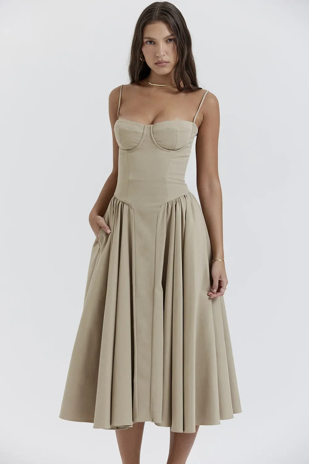 Corset Bustier Spaghetti Strap Basque Waist Pleated Midi Dress