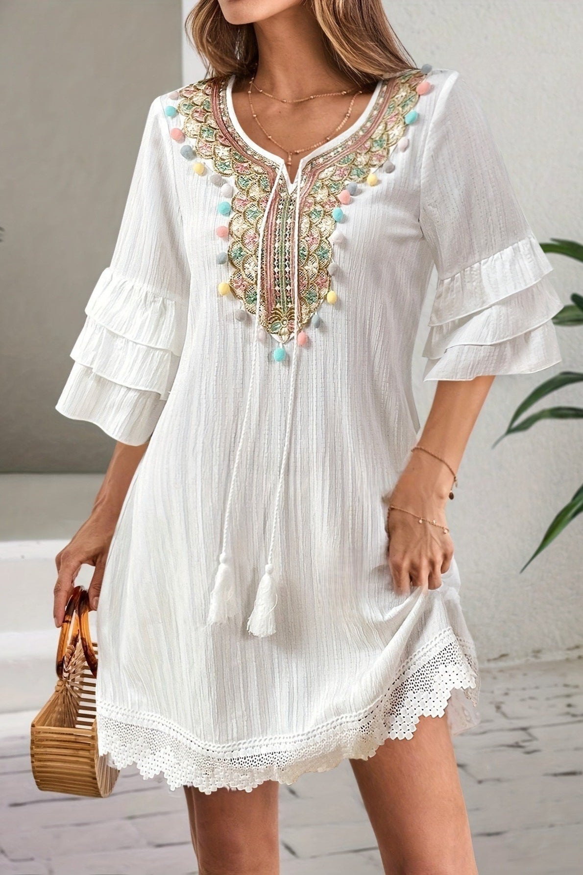 Embroidered V-Neck Tassel Tie Pom Trim Tiered Ruffle Sleeve Lace Hem Mini Dress
