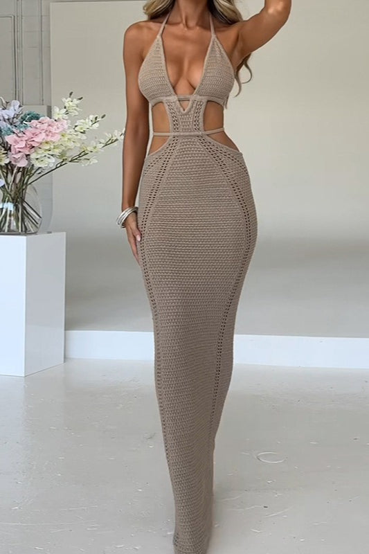 Halter Deep V Neck Crochet Knit Waist Cutout Cord Strap Bodycon Maxi Dress