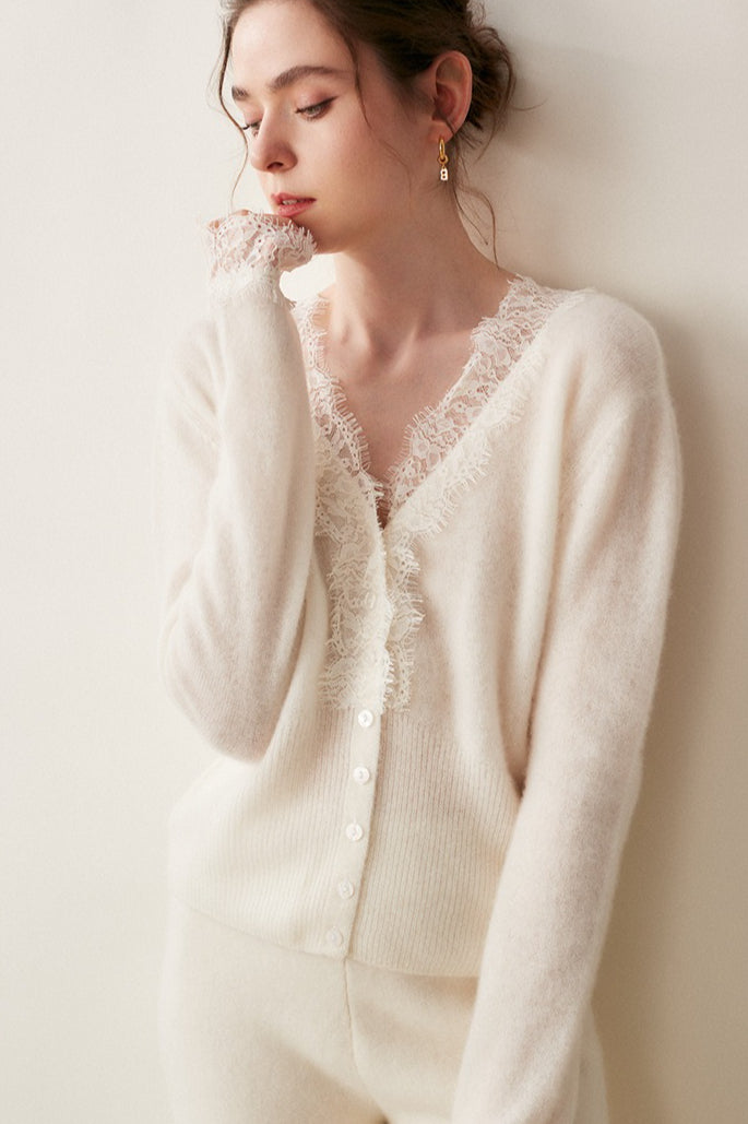 Cashmere Lace-Trimmed V-Neck Knit Cardigan