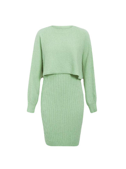 Long Sleeves Solid Color Round-Neck Sweater Top + Inner Dress Two Pieces Set