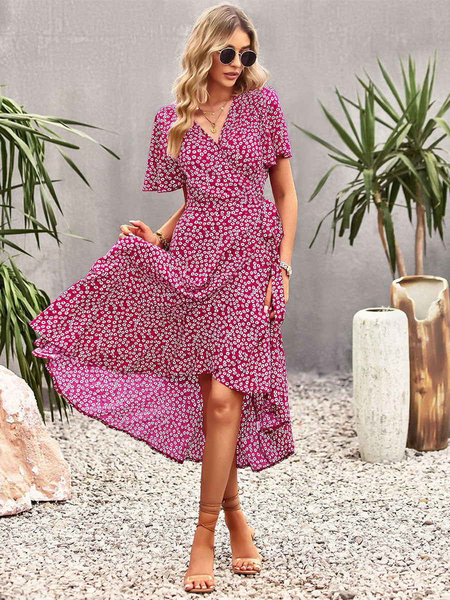 Floral Print Casual V-Neck Short Sleeves Midi Dress
