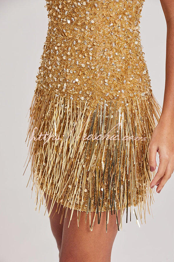 Sparkle City V Neck Strappy Fringed Sequin Mini Dress