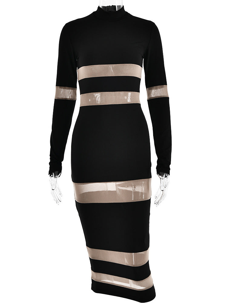 Mesh Patchwork Dress Long Sleeves See Through Party Bodycon Dresses