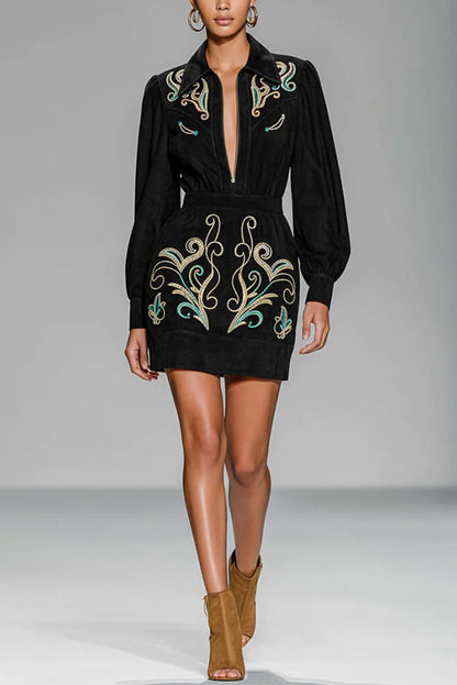 Fashionable Embroidered Floral Pattern Long-sleeved Fitted Waist Mini Dress