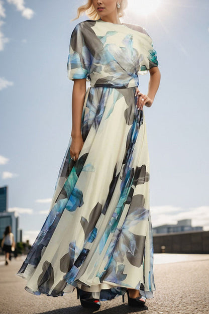 Floral Print One Shoulder Draped Sleeve Belted Pleated Maxi Dress