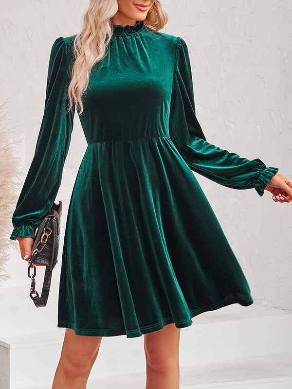 A-Line High Waisted Hollow Ruffled Solid Color Velvet Mock Neck Mini Dresses