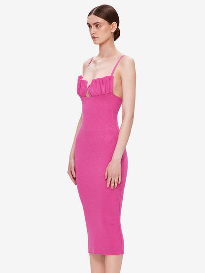Textured Bodycon Dress Designed Pleated High Slit Sexy Party Midi Dresses