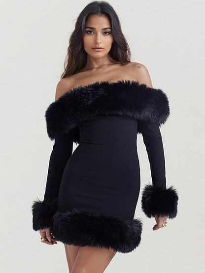 Faux Fur Trim Mini Dress Off The Shoulder Sexy Birthday Party Dresses