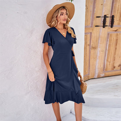 V-Neck Short Sleeve Irregular Midi Dress in Various Colors