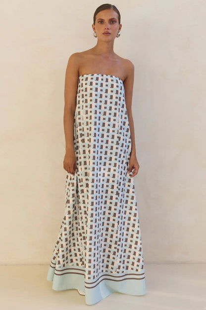 Strapless Tube Contrast Band A-Line Maxi Dress