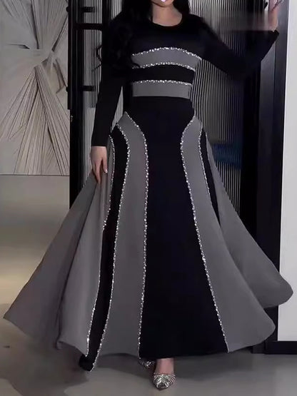 A-line Contrast Color Sequined Round-neck Maxi Dresses