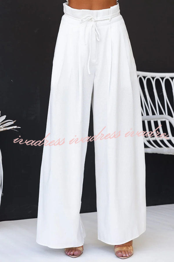 Gette Linen Blend Slit Front Top and High Rise Knoted Pocket Wide Leg Pants Set