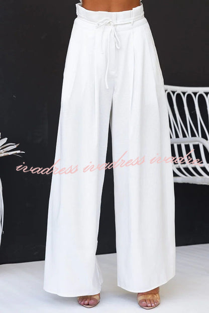 Gette Linen Blend Slit Front Top and High Rise Knoted Pocket Wide Leg Pants Set