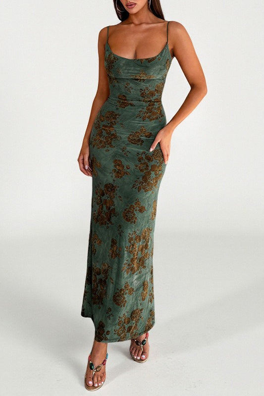 Spaghetti Strap Open Back Floral Print Bodycon Maxi Dress