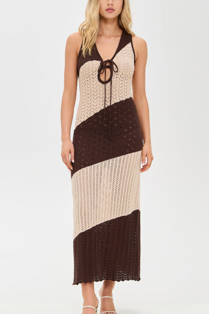 Fashionable Color-blocked Openwork Knit Slim-fit Maxi Dress