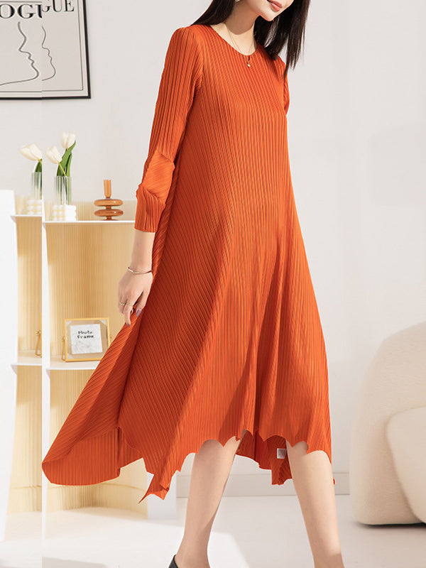 Irregular Clipping Loose Pleated Solid Color Round-Neck Midi Dresses