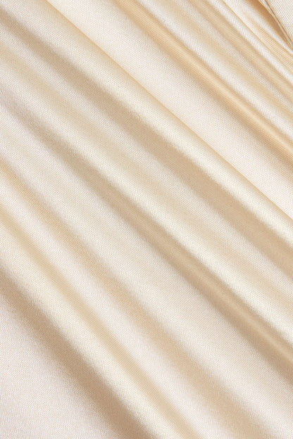 Cowl Neck Corset Bodice Spaghetti Strap Satin High Slit Maxi Dress