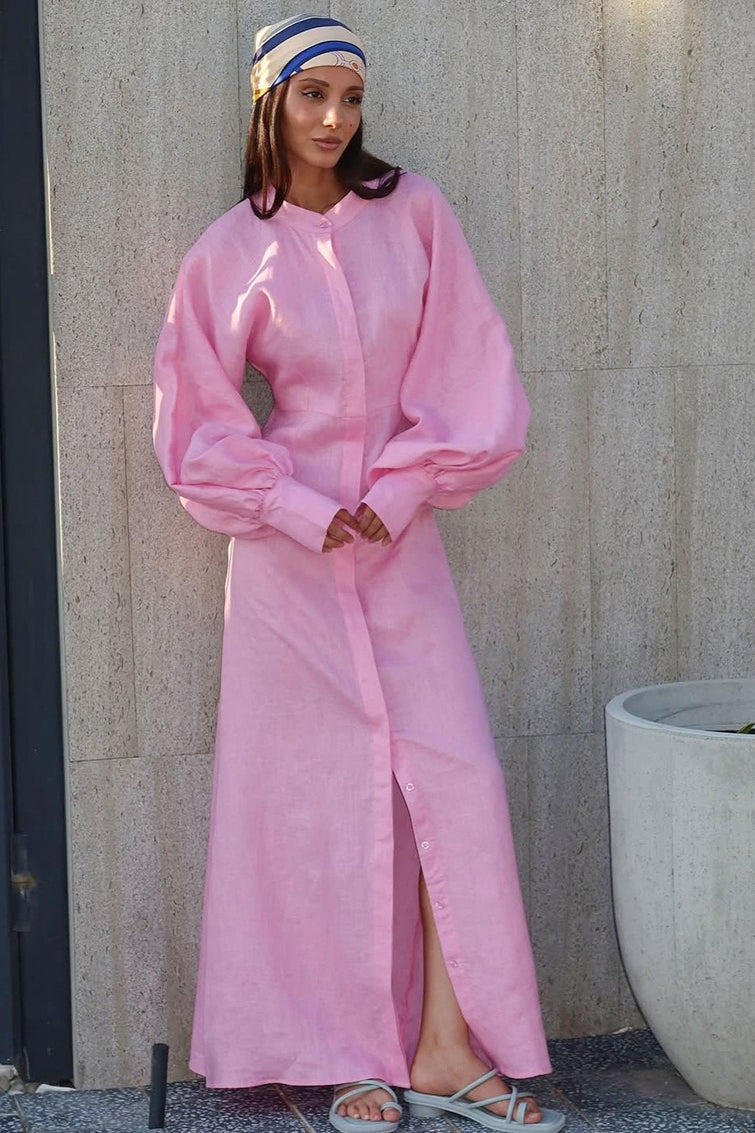 Mandarin Collar Button Front Puff Sleeve High Waist A-Line Linen Maxi Dress