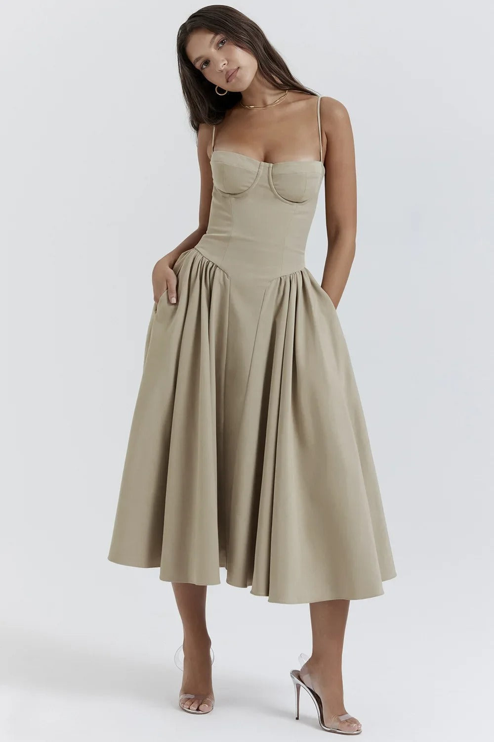 Corset Bustier Spaghetti Strap Basque Waist Pleated Midi Dress