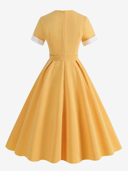 Dress Designed Neckline Short Sleeves Ring Detail Retro Midi Dress