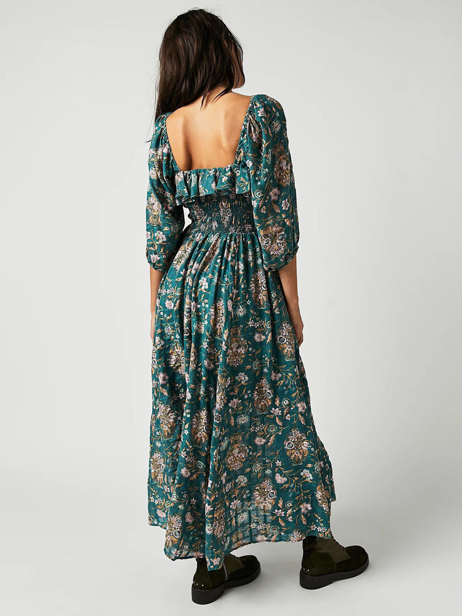 A-Line Dress Floral Ruching Sqaure Neck Three Quarters Daily Casual Midi Dresses