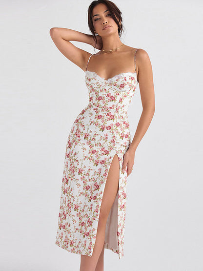 Floral Print Lace Backless Bohemian Straps Neck Midi Dress