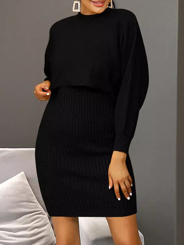 Long Sleeves Solid Color Round-Neck Sweater Top + Inner Dress Two Pieces Set