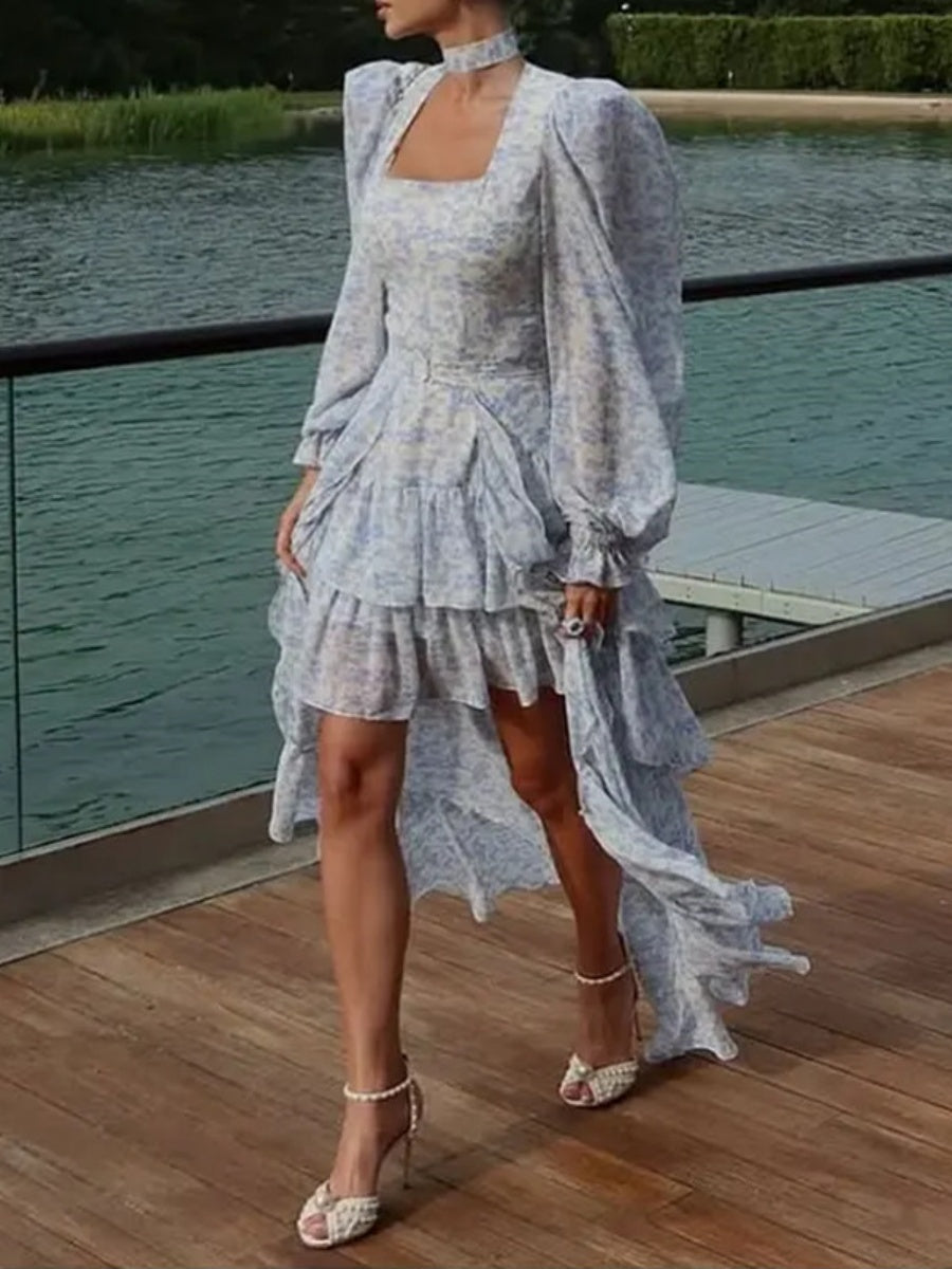 Gathering Floral Print Irregular Hem Temperament Maxi Dresses
