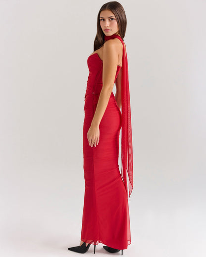 Strapless Pointed Sweetheart Corset Ruched Mesh Bodycon Maxi Dress with Matching Choker