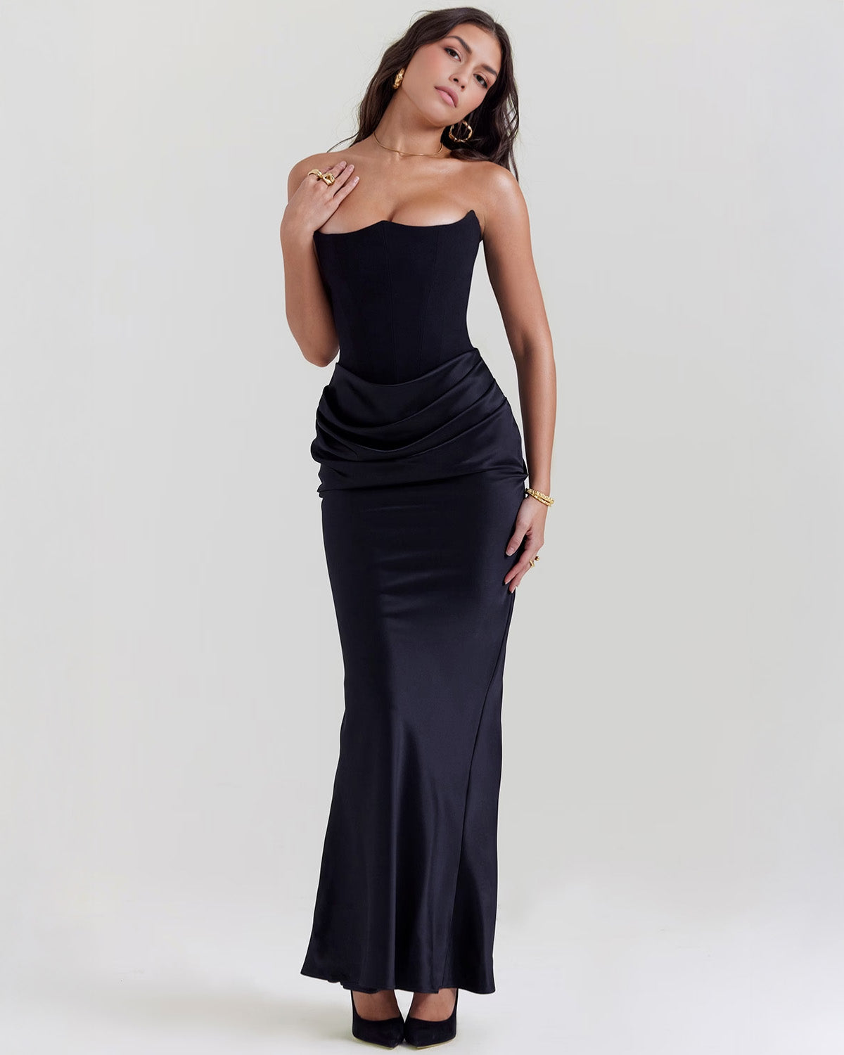 Strapless Pointed Sweetheart Corset Bodice Draped Hip Column Maxi Gown