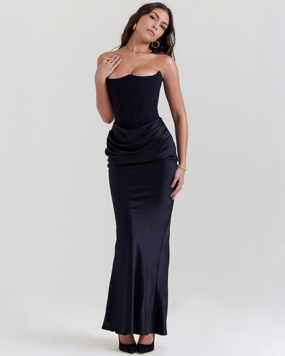 Strapless Pointed Sweetheart Corset Bodice Draped Hip Column Maxi Gown