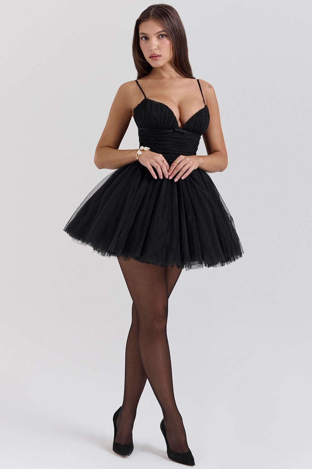 Tulle Sweetheart Neck Bow Detail Ruched Bodice Tutu Mini Dress