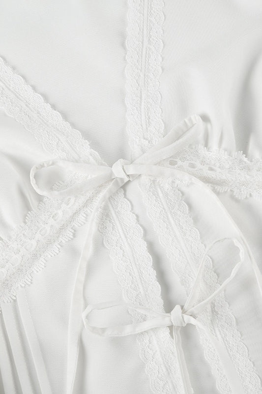 Lace Paneled Ruched Puff Sleeve Tie Blouse