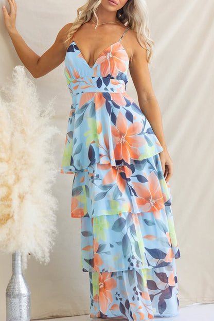 Deep V Neck Spaghetti Strap Floral Tiered Ruffle Maxi Dress
