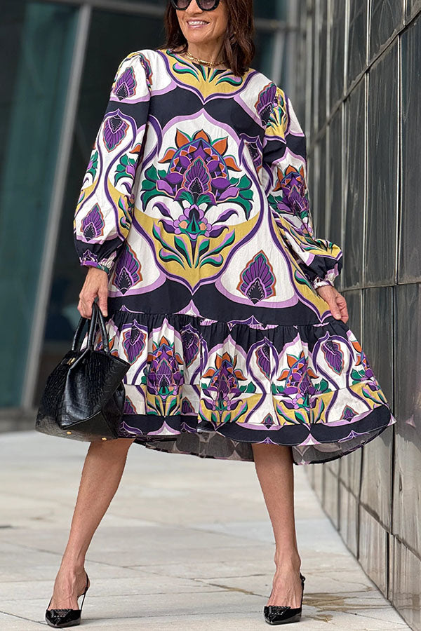 Jada Bold Geometric Print Long Sleeve Pocket A-line Loose Midi Dress