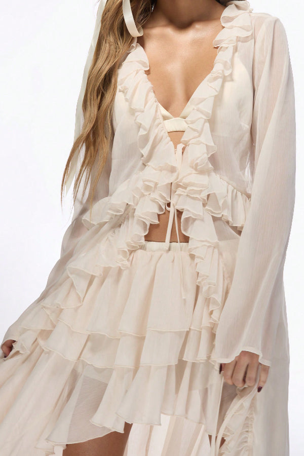 Solid Color Loose Long-sleeved Ruffled Holiday Cover-up Robe