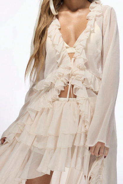 Solid Color Loose Long-sleeved Ruffled Holiday Cover-up Robe