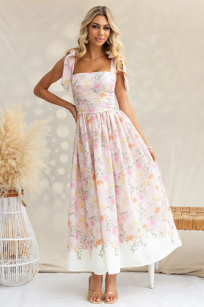 Printed Tie Shoulder Midi Cami Dress