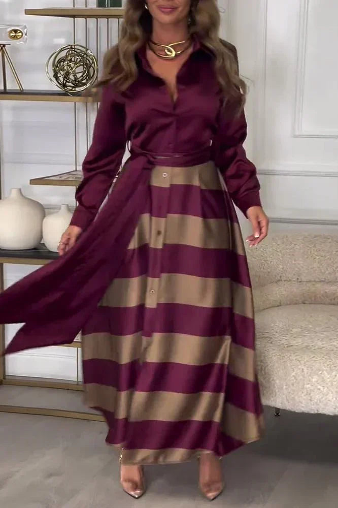 Collared Long Sleeve Button Down Tie Waist Striped Maxi Dress