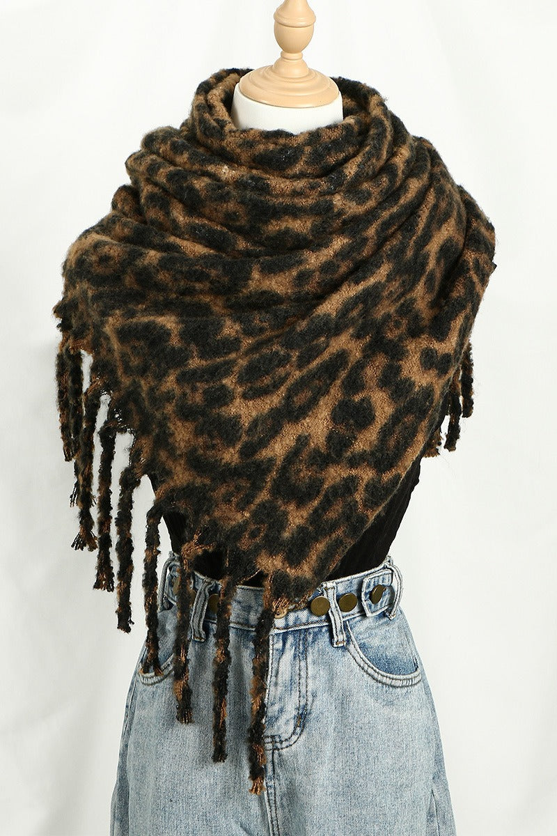 Faux Cashmere Leopard Print Thick Fringed Scarf